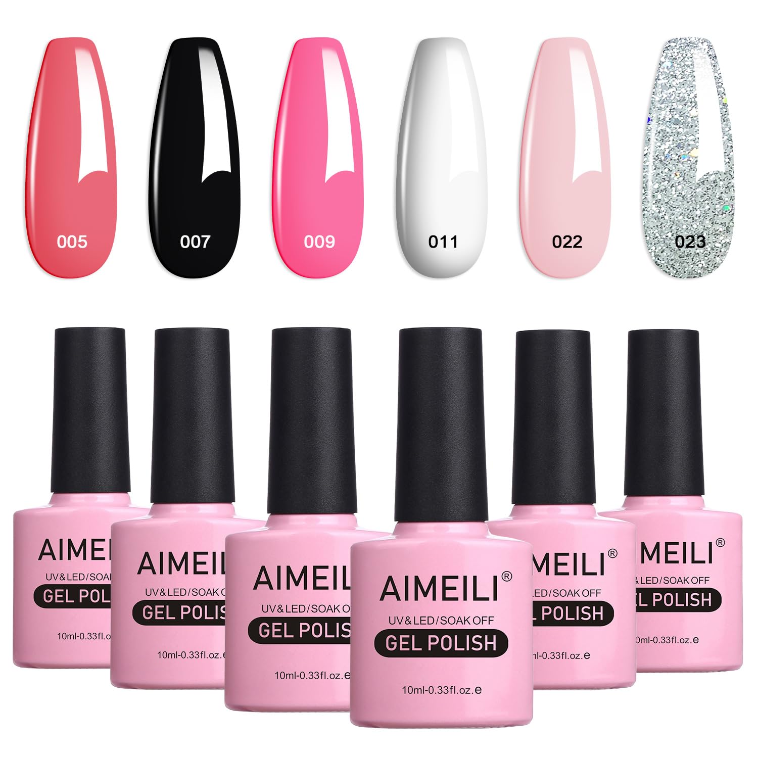 AIMEILI Gel Nail Polishes Nude Pink Black White Glitter Gel Polish Set Soak Off UV LED Nail Salon Set Gel Varnish Manicure Set - Long Lasting & Easy to Apply 6pcs X 10ml - Kit1