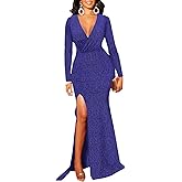 Women's Formal Long Sleeve Sparkly Maxi Dress V Neck High Slit Wrap Sexy Gown Cocktail Glitter Maxi Long Dresses
