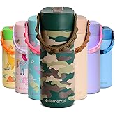 Elemental Insulated Kids Water Bottle, Stainless Steel Water Bottle with Straw Lid & Pop-It Handle, Leak-Proof Water Bottles for School, Boys or Girls, Travelling and Sports, 18oz - Green Camo