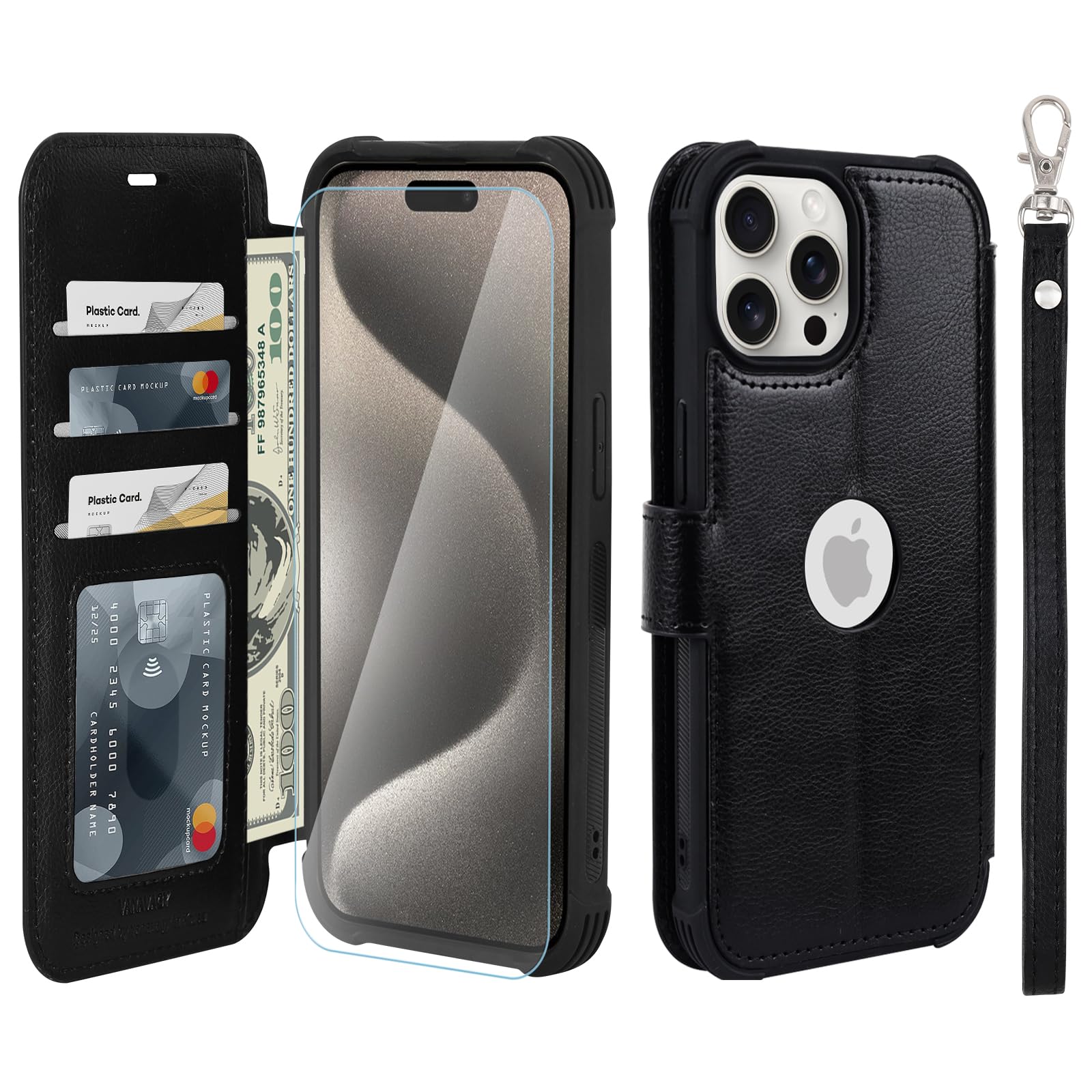 VANAVAGY Compatible for iPhone 15 Pro Wallet Case, 12ft Drop Protection, RFID Blocking PU Leather Flip Cover, Card Holder & Kickstand, Shockproof Phone Case for 15 Pro-6.1 Inch,Black — image 1