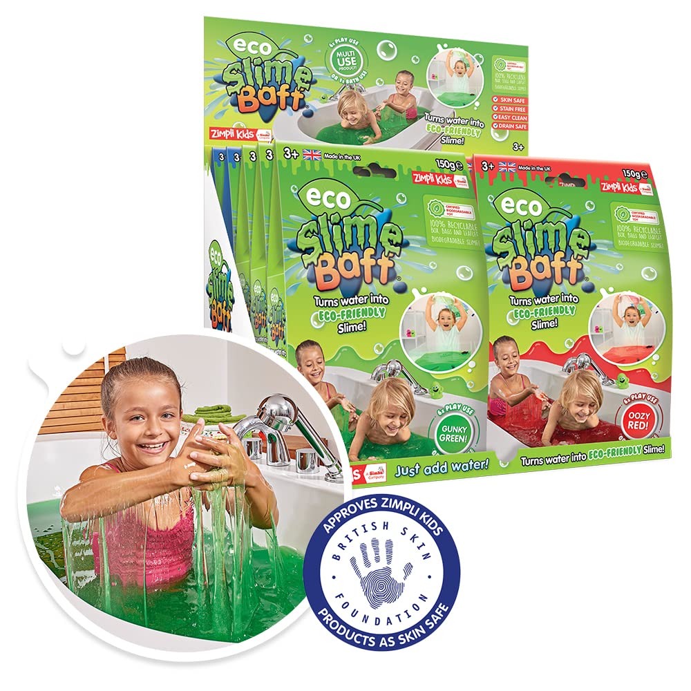 ZIMPLI - 10 x Eco Slime Baff, 6 x Green, 2 x Red & 2 x Blue, Magically turns water into gooey, colourful slime, Eco-Friendly Children's Toy