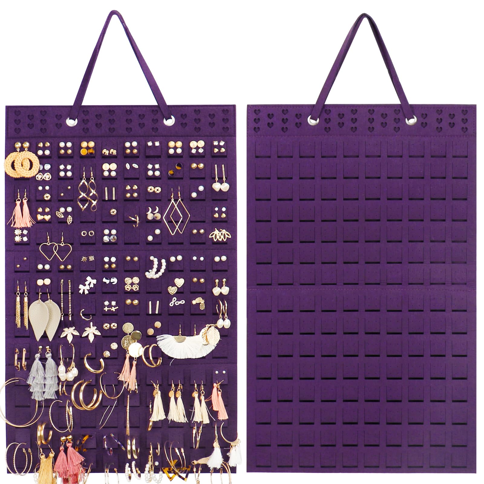 Resovo Hanging Earrings Organizer, Wall Earring Holder with 2 Hooks, Holds Up To 300 Pairs, Compact Design, Soft Material-Dark Purple