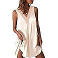 Ekouaer Womens Sleeveless Nightgown Satin Tank Sleep Shirt Guipure Lace V Neck Sleepwear Nightdress S-XXXL