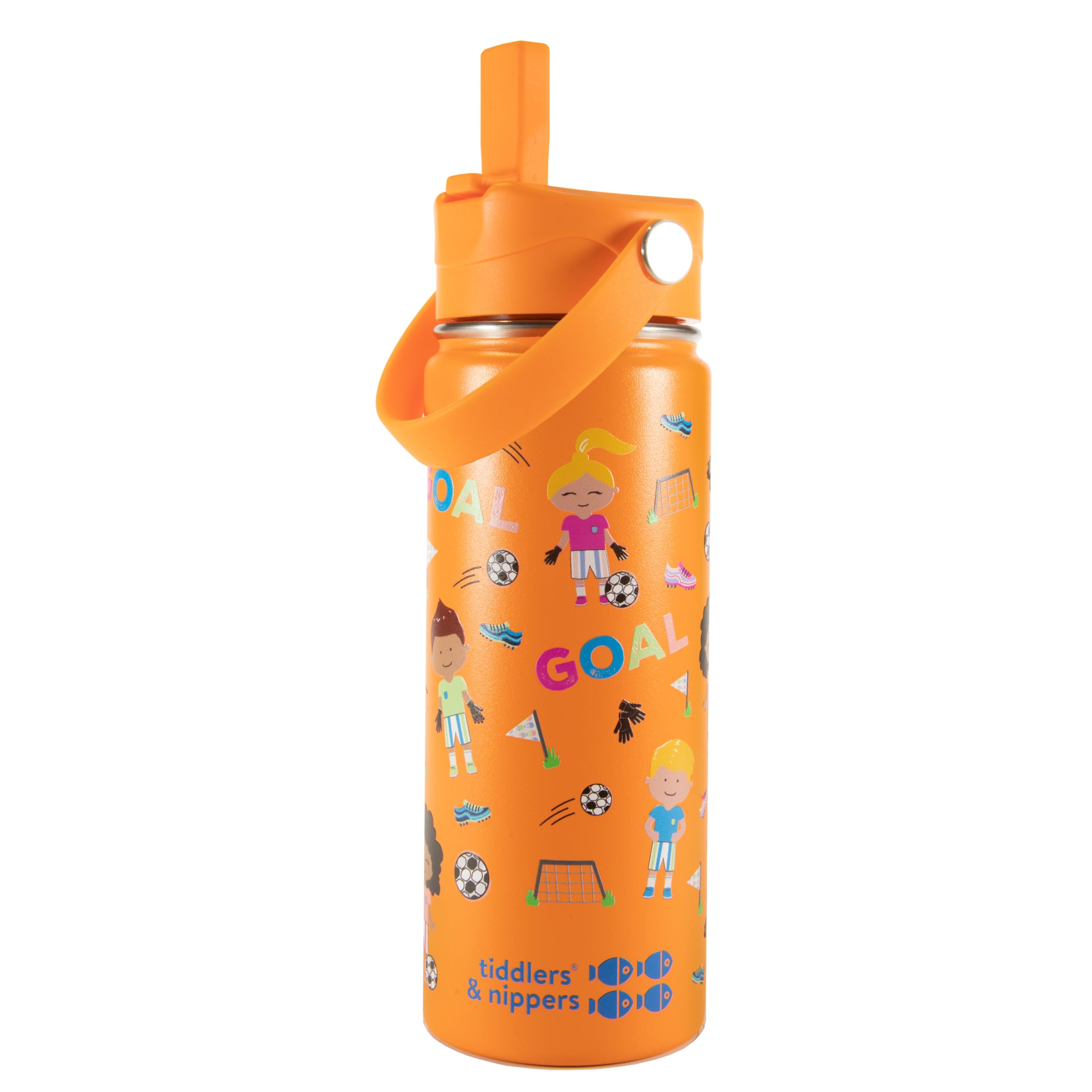 tiddlers & nippers Stainless Steel Vacuum Insulated Double Wall Kids Reusable Water Bottle with Leak Proof Straw 500ml | Keeps Cool for 24hrs & Warm for 10hrs + (Football Fun)