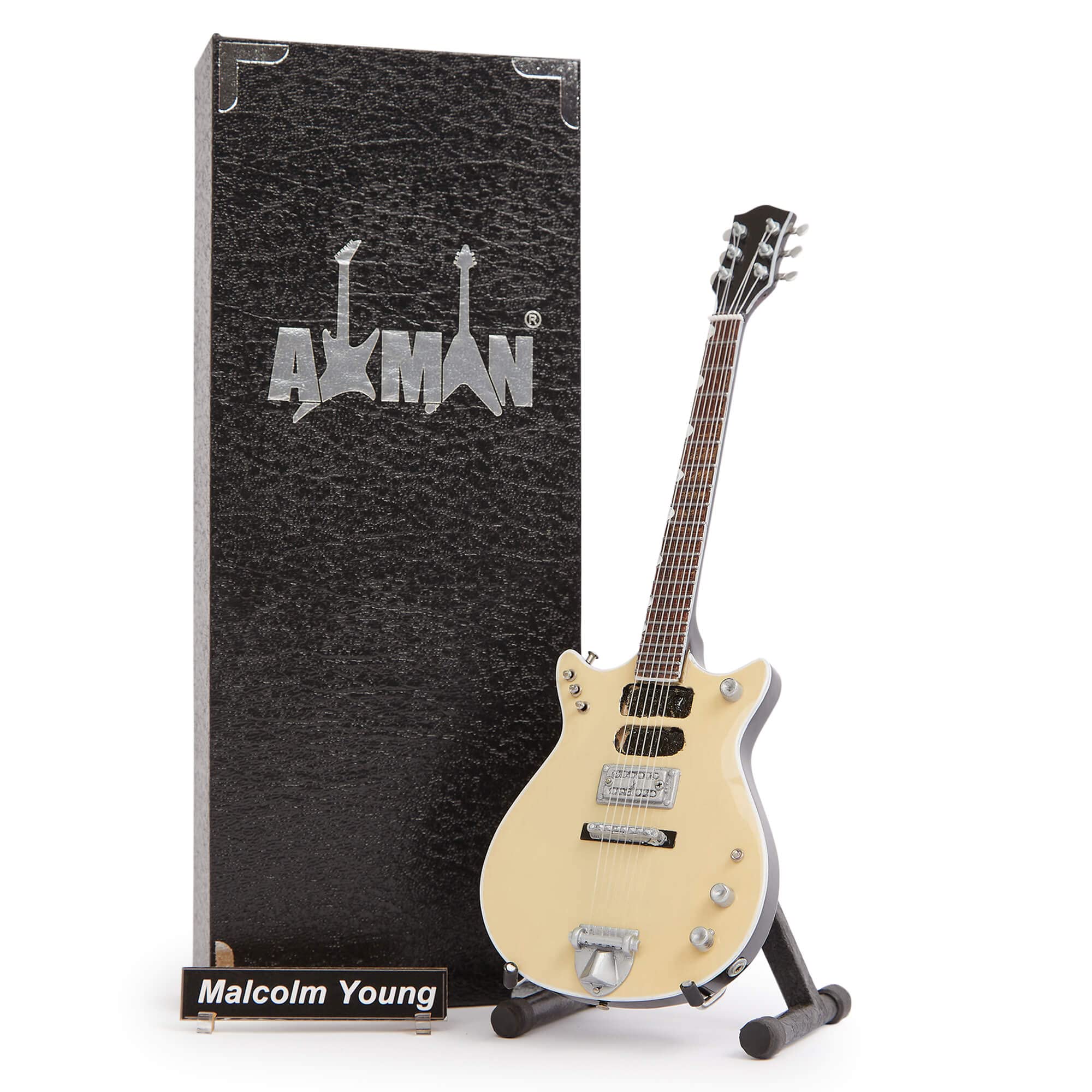 Axman Malcolm Young (AC/DC) Miniature Guitar Replica - Music Gifts - Handmade Ornamental 1/4 Scale - Includes a Display Box, Name Tag and Miniature Guitar Stand