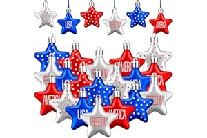 RattanView 24 Pcs Patriotic 4th of July Star Ornaments Independence Day Red Blue White Hanging Stars Fourth of July Decor Memorial Day Tree Decorations for Home Indoor Outdoor Party Supplies