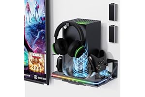 LUCKIT Wall Mount with Cooling Fan Charging Stand for Xbox Series X/S, Vertical Dual Controller Charger Station with 2 X 1100 mAh Rechargeable Battery for Xbox Console Accessories, 3 USB Ports, Headset Stand