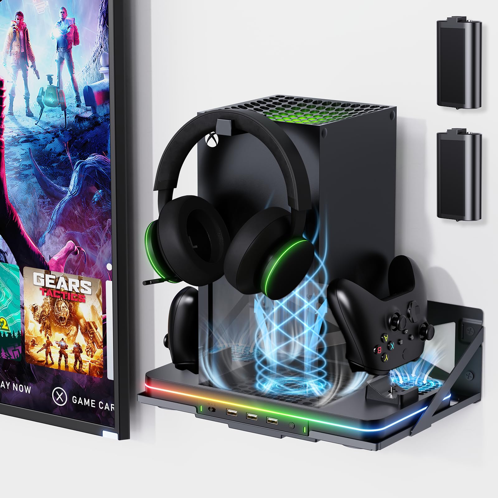 Wall Mount with Cooling Fan Charging Stand for Xbox Series X/S, Vertical Dual Controller Charger Station with 2 X 1100 mAh Rechargeable Battery for Xbox Console Accessories, 3 USB Ports, Headset Stand