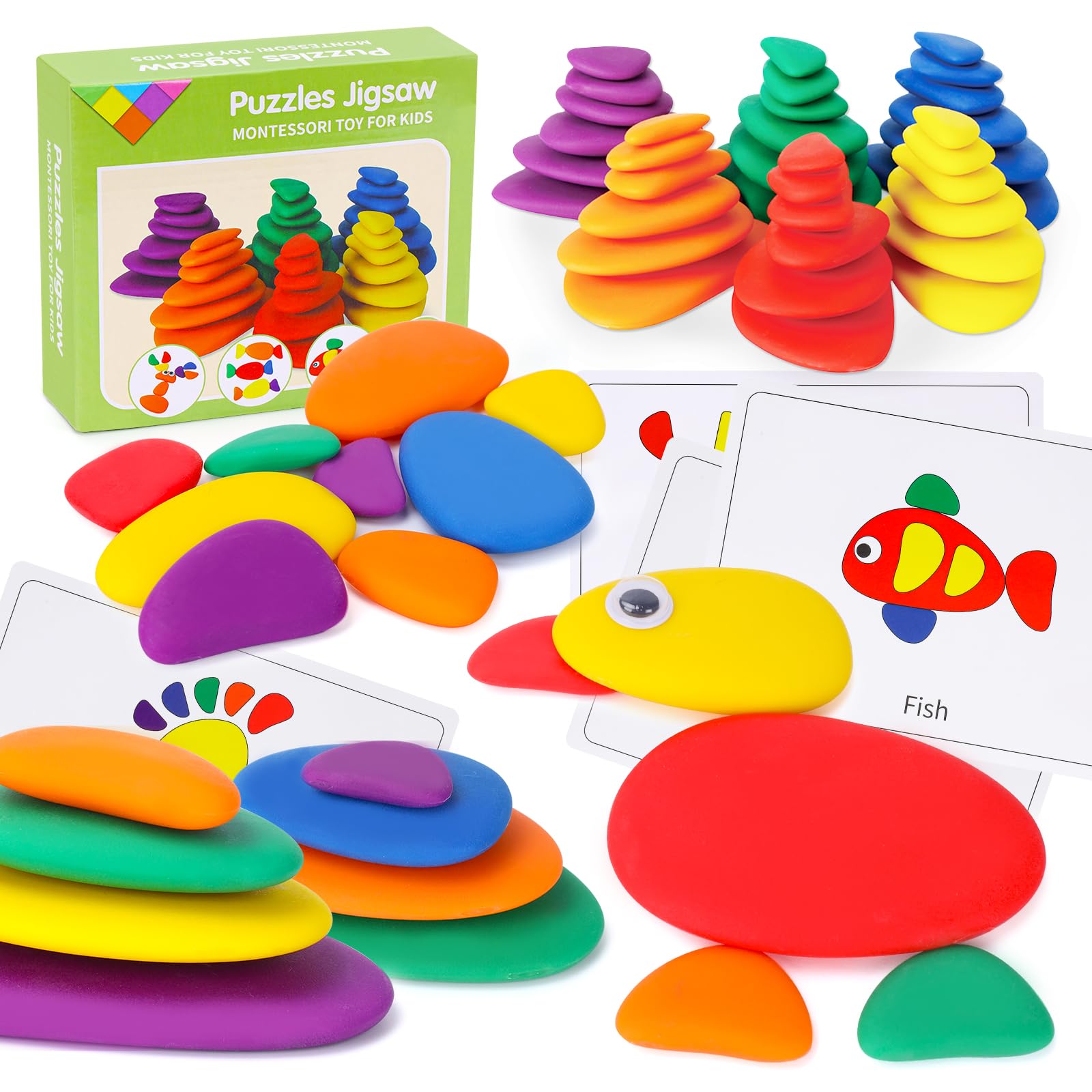 GiddyGlow Puzzles Jigsaw for Boy Girl Age 3: Montessori Toys for 3 4 5 Year Old Kids Toddlers Preschool Learning Toys Gift for Boy Age 3-6 Imitation Pebble Stacking Education Toy