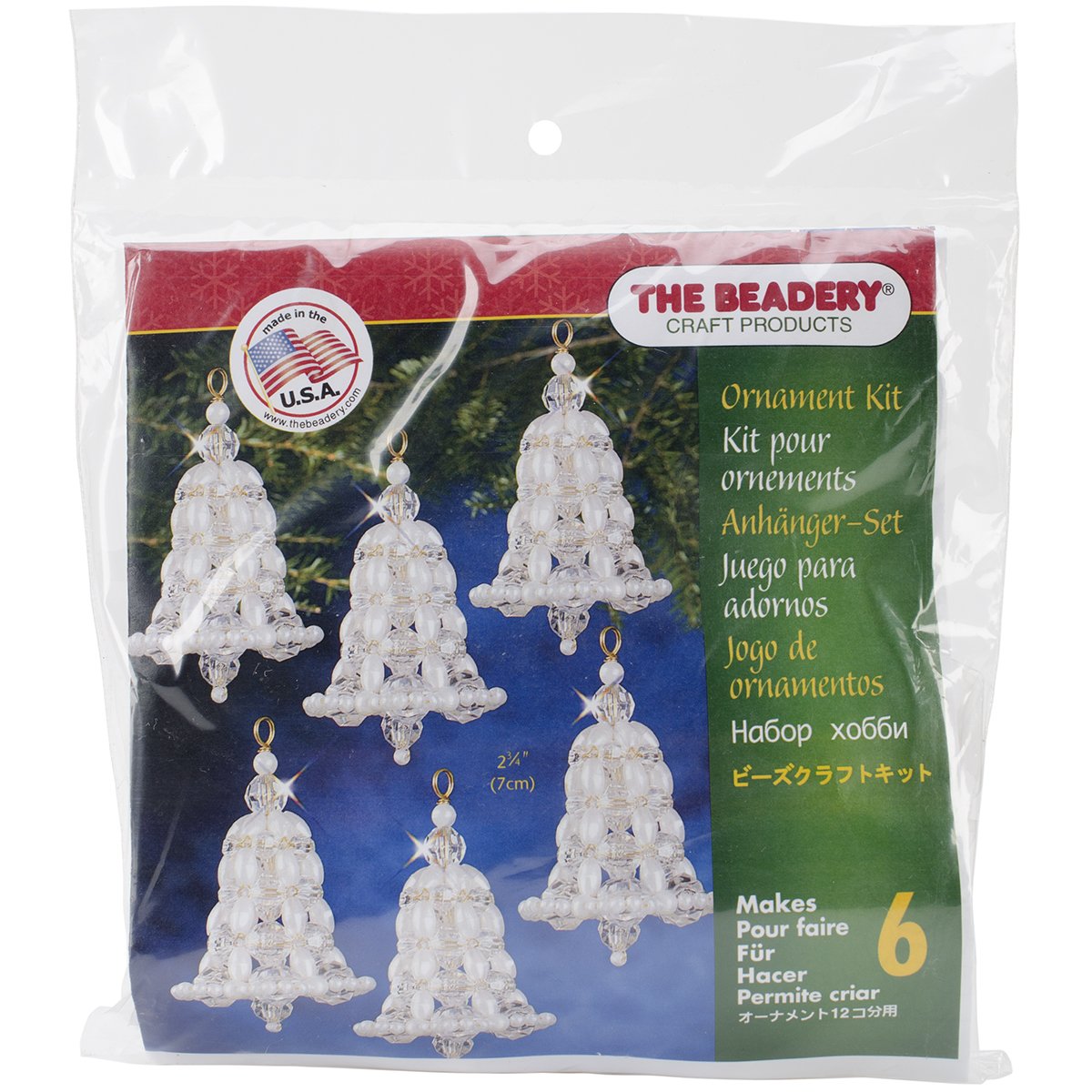 Beadery Holiday Beaded Ornament Kit Crystal and Pearl Bells 2.75-inch Makes 6