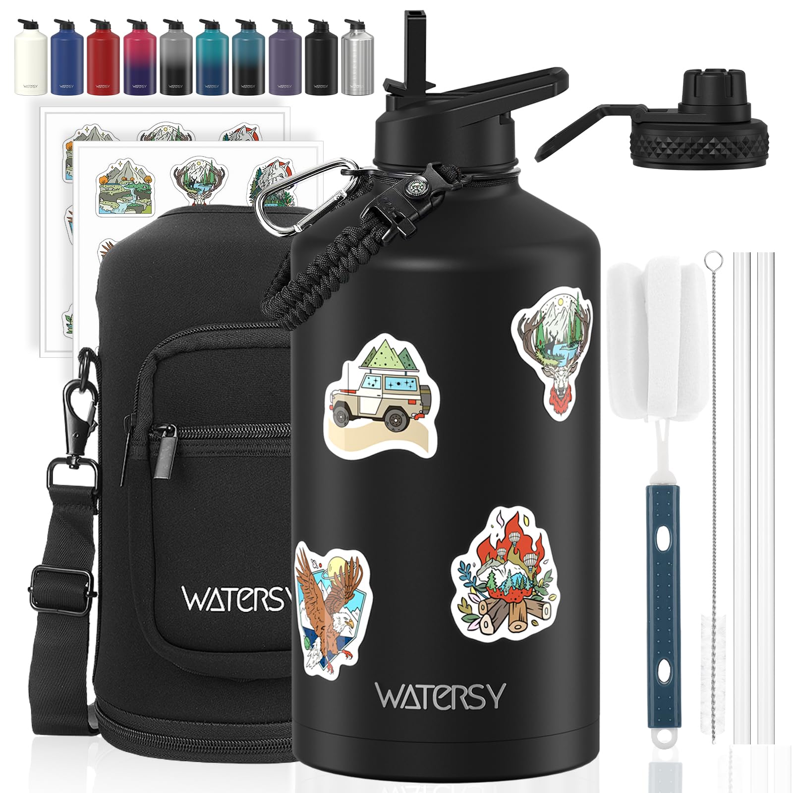 1 Gallon Water Bottle Insulated(Cold for 48 Hrs),BPA Free&Leak Proof,128oz Stainless Steel Water Jug,Large Water Bottle with Straw Spout Lids for Gym,Hiking,Camping&Travel,Black Image