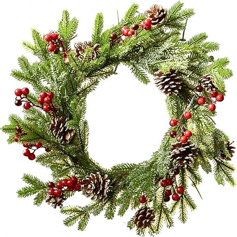 Amazon Co Jp クリスマスのドアの花輪 赤いベリーと緑の葉の松ぼっくりの装飾品を使った手作りのクリスマスリースの装飾 ホーム キッチン