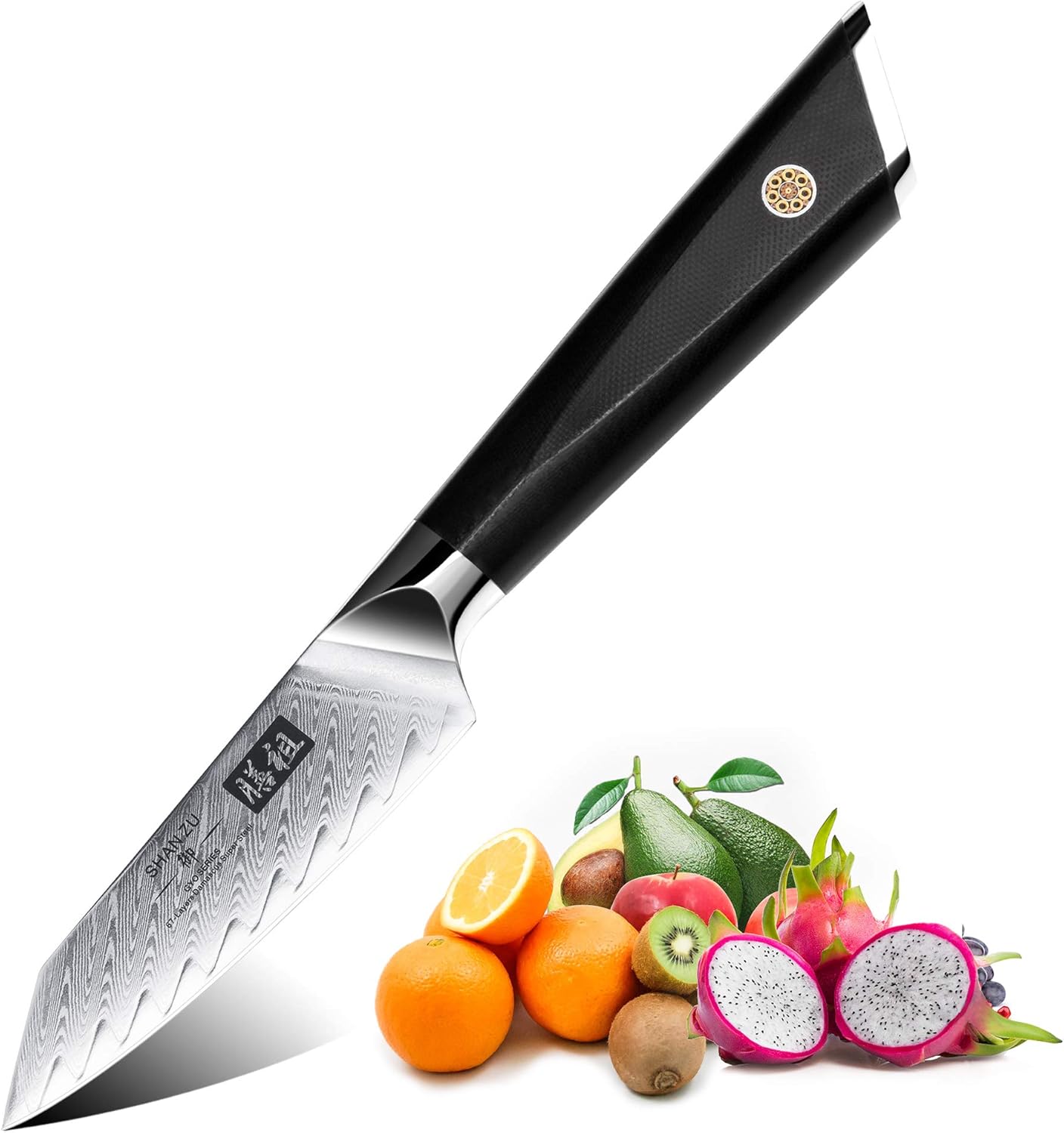 SHAN ZU Damastmesser Schälmesser Obstmesser scharf 9,3 cm Gemüsemesser Küchenmesser, AUS-10 Japanischem Damaststahl 67-Schicht Damaszener Stahl Twill Muster Fruchtmesser mit G10 Griff - GYO Series