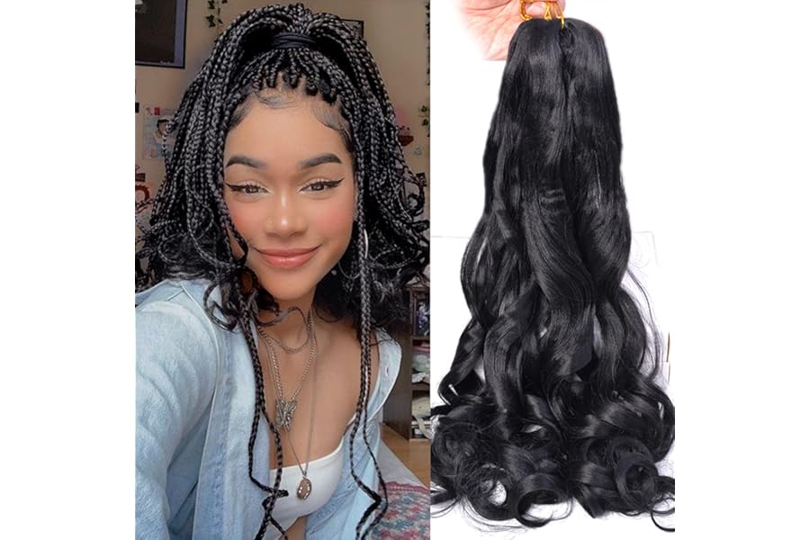 Luoyudu French Curly Braiding Hair 24Inch Loose Wavy 8 Packs #1B Black Bouncy Braiding Hair Extensions 75g/Pack Synthetic French Curl Crochet Hair Extensions（8packs,24Inch)