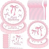 96pcs Pink Coquette Bow Party Supplies for 24 Guests - Disposable 9 & 7 Inch Bow Print Paper Plates, Napkins, Forks Set for Bachelorette, Birthday, Bridal Shower, Baby Shower Decorations