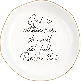 MQPPKJ Christian Gifts for Women, Bible Verse Ceramic Jewelry Dish Trinket Ring Tray, Inspirational Floral Gift for Mom Sister Friend Birthday Christmas-God is within Her Psalm 46: 5 (White-46:5)