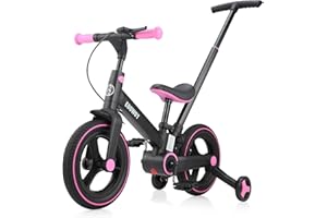 EOOWOY Balance Bike with Push Handle for Kids 18-60 Months, 6 in 1 Foldable Push Bike with Training Wheels & Pedals, Balance Bicycle for Boys and Girls with Brakes & Kickstand