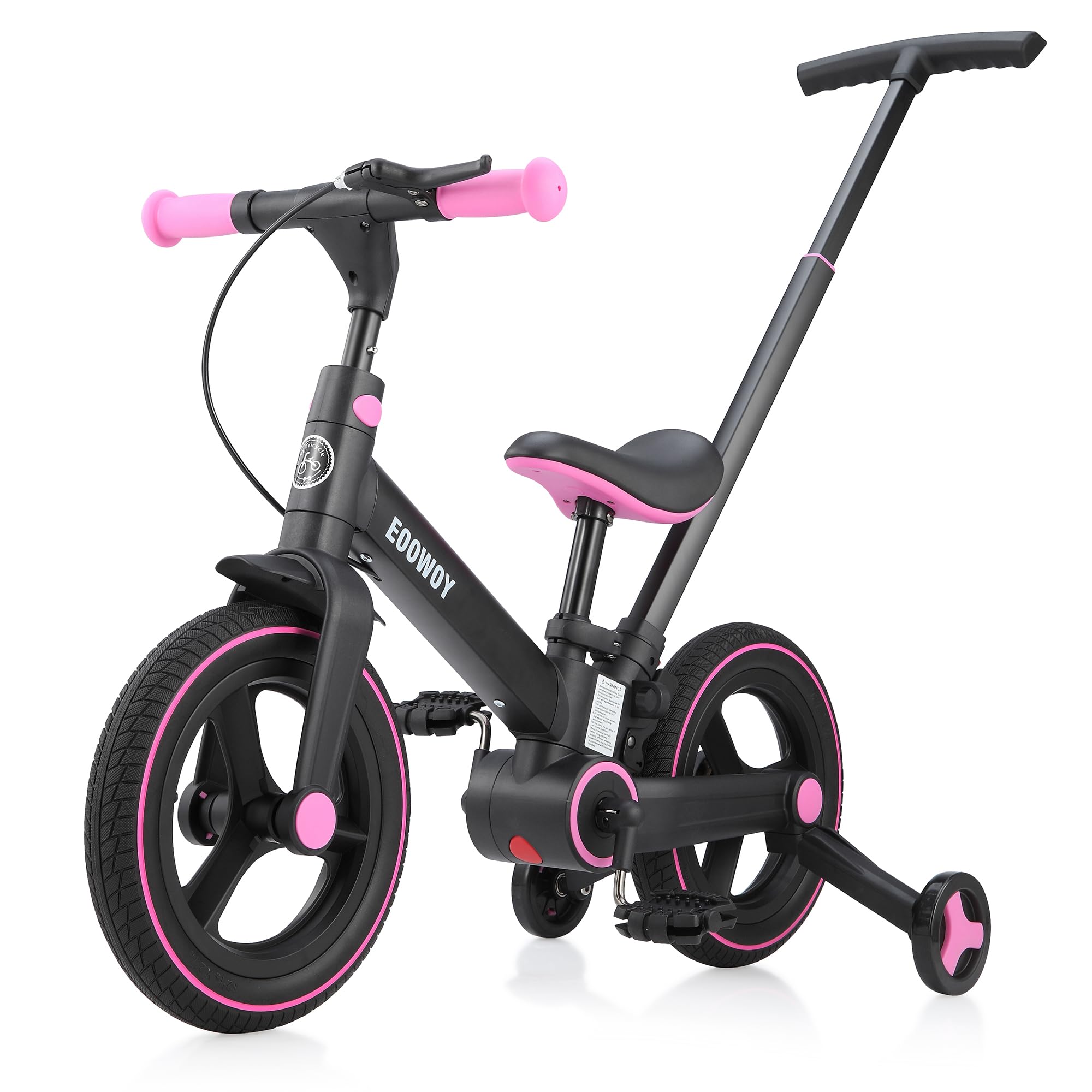 Photo 1 of *MISSING TOP HANDLE BAR* EOOWOY Balance Bike with Push Handle for Kids 18-60 Months, 6 in 1 Foldable Push Bike with Training Wheels & Pedals, Balance Bicycle for Boys and Girls with Brakes & Kickstand, Blackpink