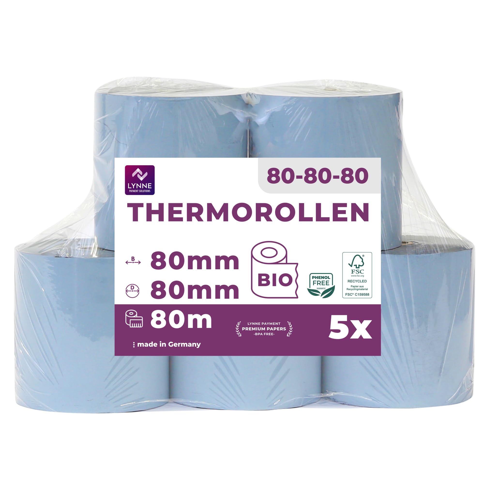 Eco Thermal Rolls 80 mm x 80 m x 12 mm - Cash Register Rolls with Receipt Printer - Phenol-Free Thermal Paper (5 Rolls)