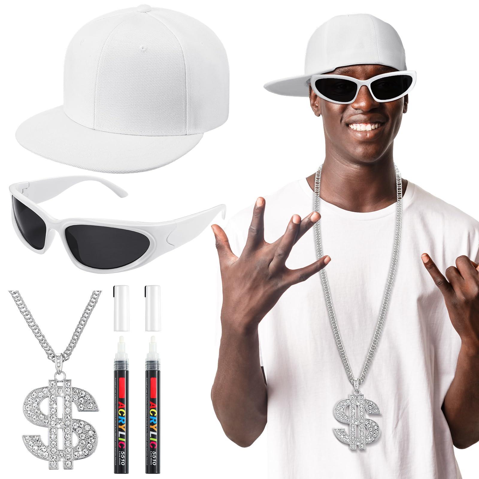 Photo 1 of  Hip Hop Costume Kit 80s 90s Rapper Accessories Glasses 2000s Hat Hip Hop Chain for Halloween Party White
