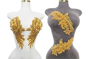 ARTISTRYXB Handmade Rhinestones lace Trim Patches Handsewing Beads Bodice Applique for Dress DIY Accessories 1pair/Set (Gold)