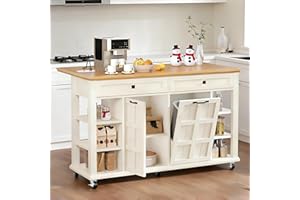 DWVO Kitchen Island with Drop Leaf, Tilt Out Trash Can Cabinet, Mobile Storage Islands with Power Outlet, Americana Rolling Island Table on Wheels with Open Shelves for Dining Room, Off White