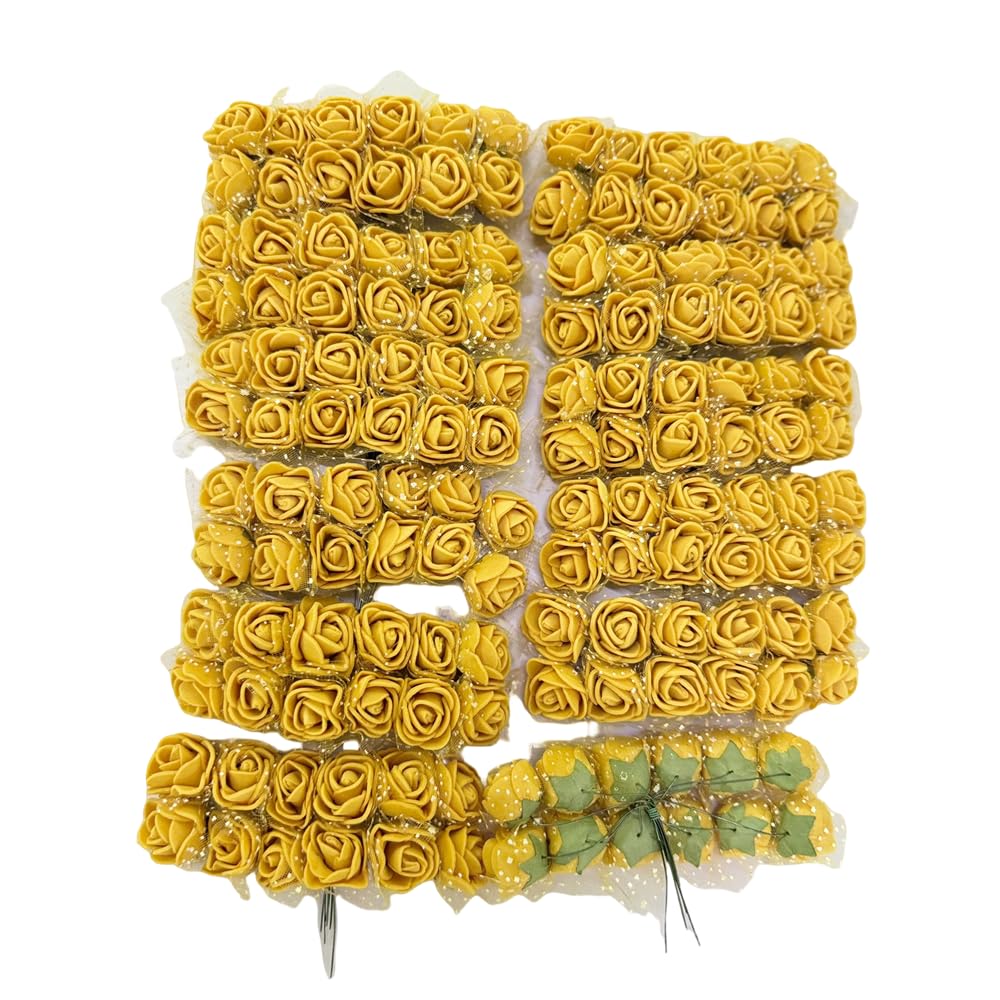 Photo 1 of 144pcs Mini Artificial Rose Flower Heads and Soft Stem,25mm PE Tiny Rose add Gauze for DIY Wedding Make Bridal Hair Clips,Cake Top,Wrist Corsage Boutonniere,Wreath Bracelet Flower (Gold)