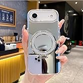 LUVI Compatible with iPhone 17 Mirror Stand Case Bling Kickstand Ring Makeup Electroplate Fashion Glossy Luxury Cool Cute Shockproof Protective Cover for Women Girls Silver