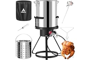 HIDPRIVA Outdoor Turkey Fryer Set 30QT | Stainless Steel Pot with 15QT Basket | Lid & Lifting Hook & Thermometer | 50,000BTU Propane Gas Burner | For Turkey, Crawfish, Crab, Shrimp & Lobster
