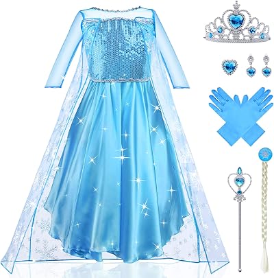 URAQT Princess Dress Snow Queen Costume with Crown Wand Gloves Wig