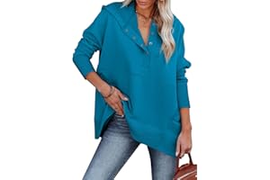 AlvaQ Women Casual Button V Neck Hoodies Oversized Pullover Sweatshirt Hooded Tops with Pockets