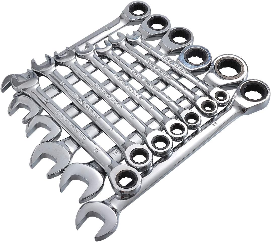 HOHXEN 13-Pieces 6-18mm Ratchet WrencH Set Ratchet Wrenches - Chrome Vanadium Steel With Tool Roll - SAE & Metric Combination Ended Standard Kit - Open End MM & Inch Gear