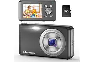 Jckkcfug Digital Camera, HD 1080P Compact Camera with 32GB Memory Card, 48 Megapixel Camera, 2.4-inch LCD 16x Digital Zoom Digital Camera for Kids, Girls, Teens, Boys and Beginners（Black