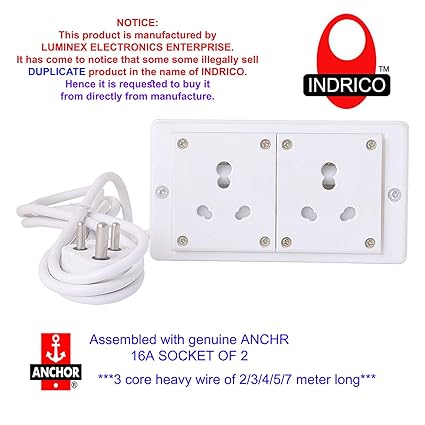 INDRICO Power Strip Extension Multi Outlet board Fitted with 2 Anchor Sockets (15 Amp) and 2/3/4/5/7m Chord with 15 Amp Plug (7 m cord)