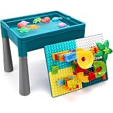 Multi Kids Activity Table Double Sided Building Block Sand Water Play Table | Double-sided desktop, 105pcs blocks, compatible major brands. Under-table storage. Safe, anti-collision, gift for ages 3-6.