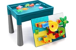 NIWOTA Double Sided Kids Activity Table with Storage, All-in-1 Multi Activity Table, 105pcs Marble Run Building Blocks Compatible with Classic Bricks, Craft Play Sand Water Table for Toddler