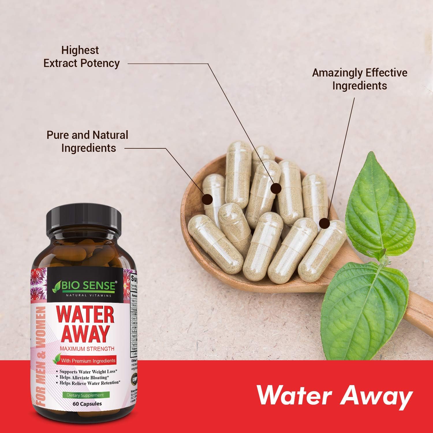 Natural Diuretic Water Away Pills Vitamin B6 Potassium & Dandelion Root Extract Water Retention Anti-Bloating and Swelling Capsules Weight Loss for Women & Men with Antioxidant Green Tea by Bio Sense: Health & Personal Care