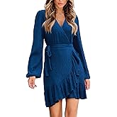 CUPSHE Womens Ruched Fall Dresses V Neck Long Sleeve Belted Ruffled Casual Bodycon Flowy Party Elegant Mini Cocktail Dress