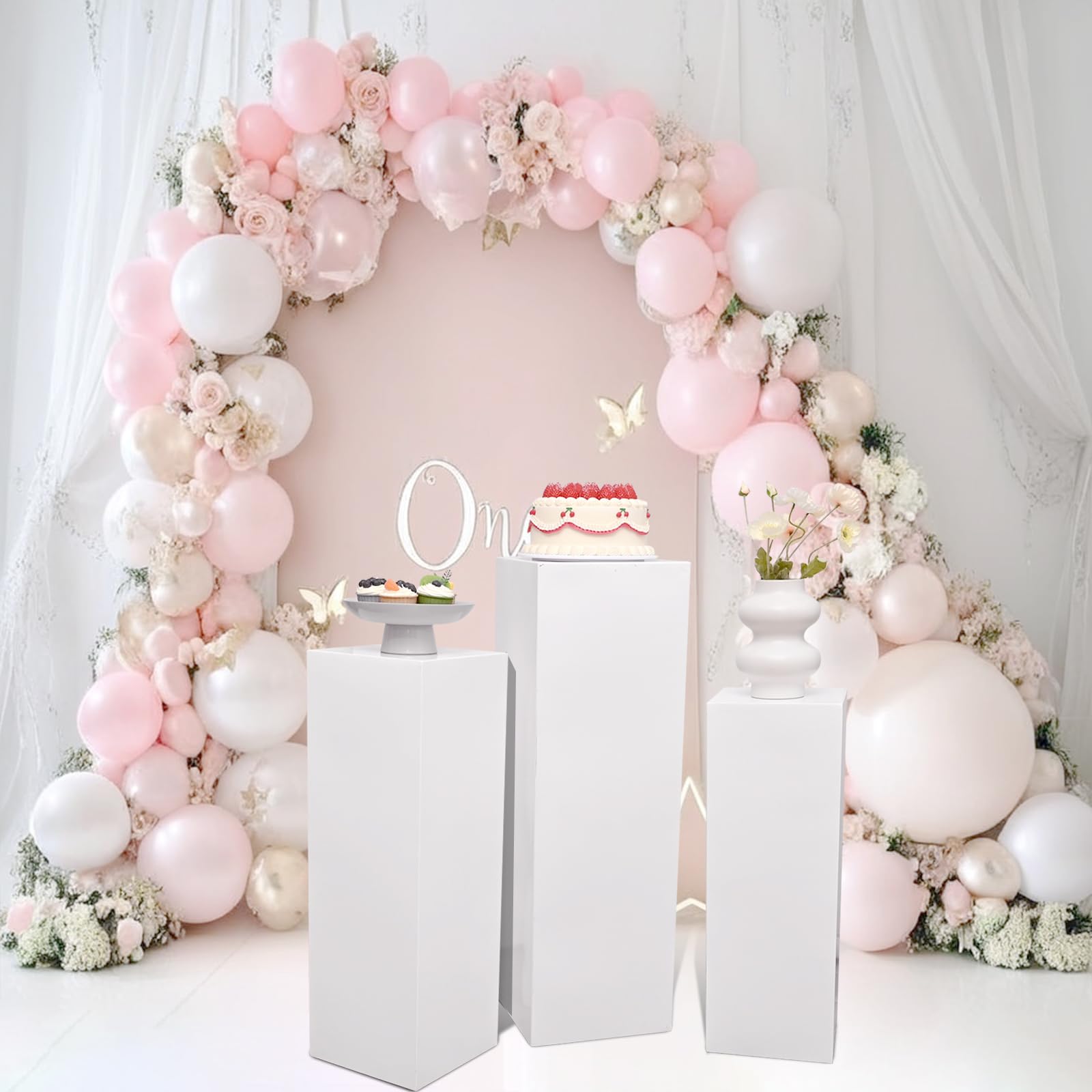 Photo 1 of **FOR PARTS ONLY/ DAMAGED (BROKEN PIECES)*** SwallowLiving 3PCS Metal White Display Pedestal Stand for Parties, Square Tall Pedestal Cake Stands Pillars for Wedding, Sculpture Display Stand Column Decoration