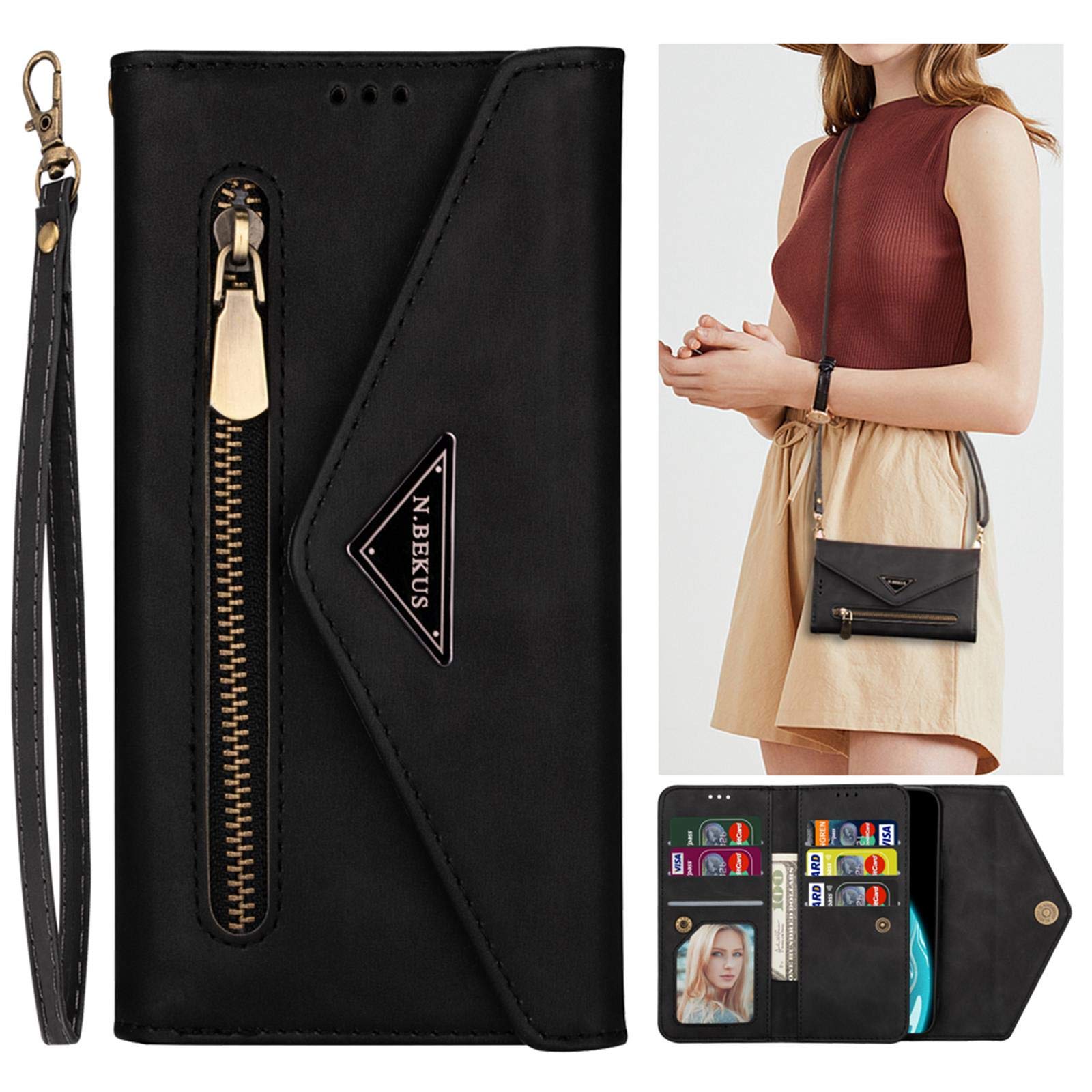 Huawei Y6 2019 Case Wallet for Women Men Leather Flip Folio Cover Crossbody Lanyard Case Zipper Wallet Coin Purse with Card Holder Stand Shoulder Wrist Strap Huawei Y6 2019 Shockproof Case Black