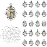 UNICRAFTALE 40 Sets Oval Blank Bezel Pendant Trays Base Vintage Tibetan Style Pendant Antique Sliver Bridal Wedding Bouquet Graduation Photo Charm with Glass Cabochons for DIY Jewelry Making 13x18mm