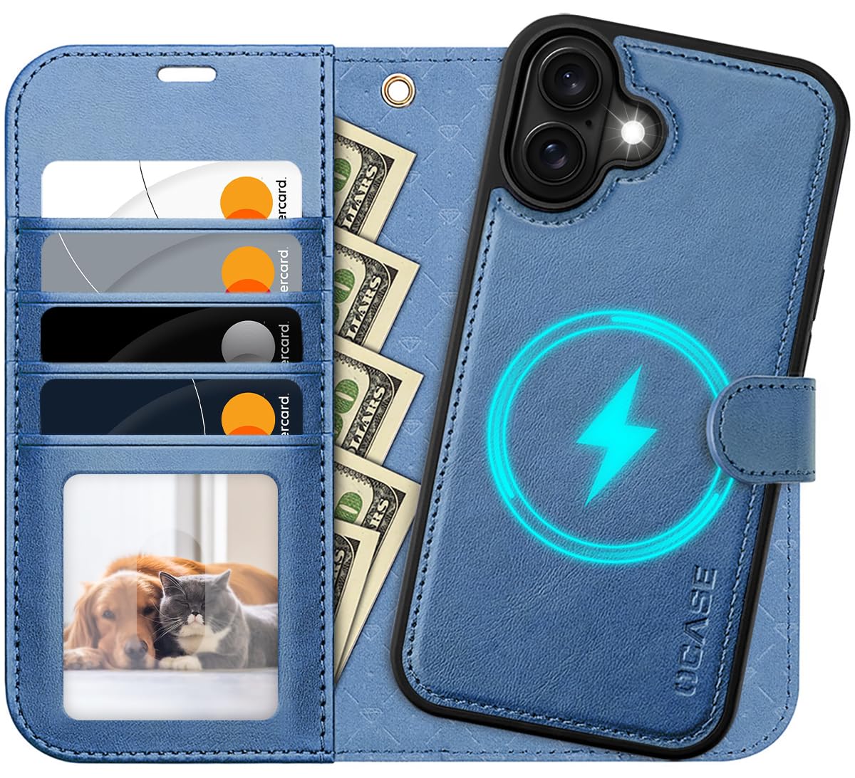 OCASE for iPhone 16 Plus Case, Detachable 2 in 1 PU Leather Wallet Case with RFID Blocking, Wireless Charging, Card Holders, Kickstand, Shockproof Removable Phone Cover, Light Blue