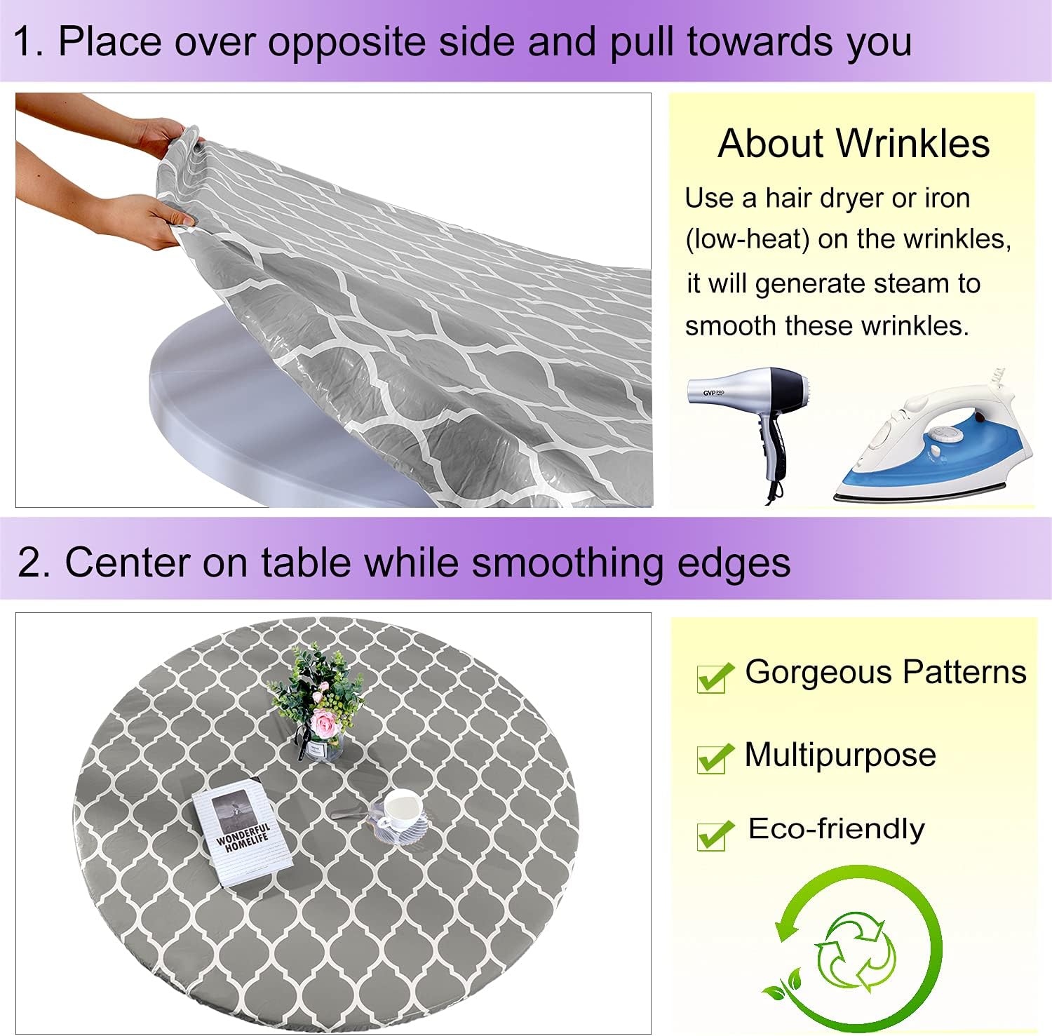 Heavy Duty Vinyl Round Fitted Tablecloth, Gray Moroccan Design, Spillproof Waterproof Elastic Table Cover with Flannel Backed Lining, Fits 45" to 56" Round Table, for Indoor/Outdoor Use : Garden & Outdoor