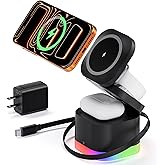 5 in 1 Magnetic Wireless Charger Stand with Night Light, Foldable Wireless Charging Station Built-in Retractable Cable, Fast Wireless Charger for iPhone 17/16/15/14/13/12, Apple Watch, AirPods Pro 3