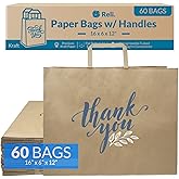 Reli. Paper Shopping Bags w/Handles | 60 Pcs | Large 16"x6"x12" | Kraft Brown Paper Bags with Handles | Printed Thank You, Large | Take Out/To Go, Retail, Shopping Tote, Restaurant, Grocery