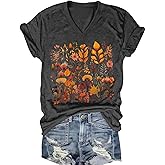 Graphic Tees for Women V-Neck Boho Tops Wildflowers Vintage Western Short Sleeve Fall Shirts
