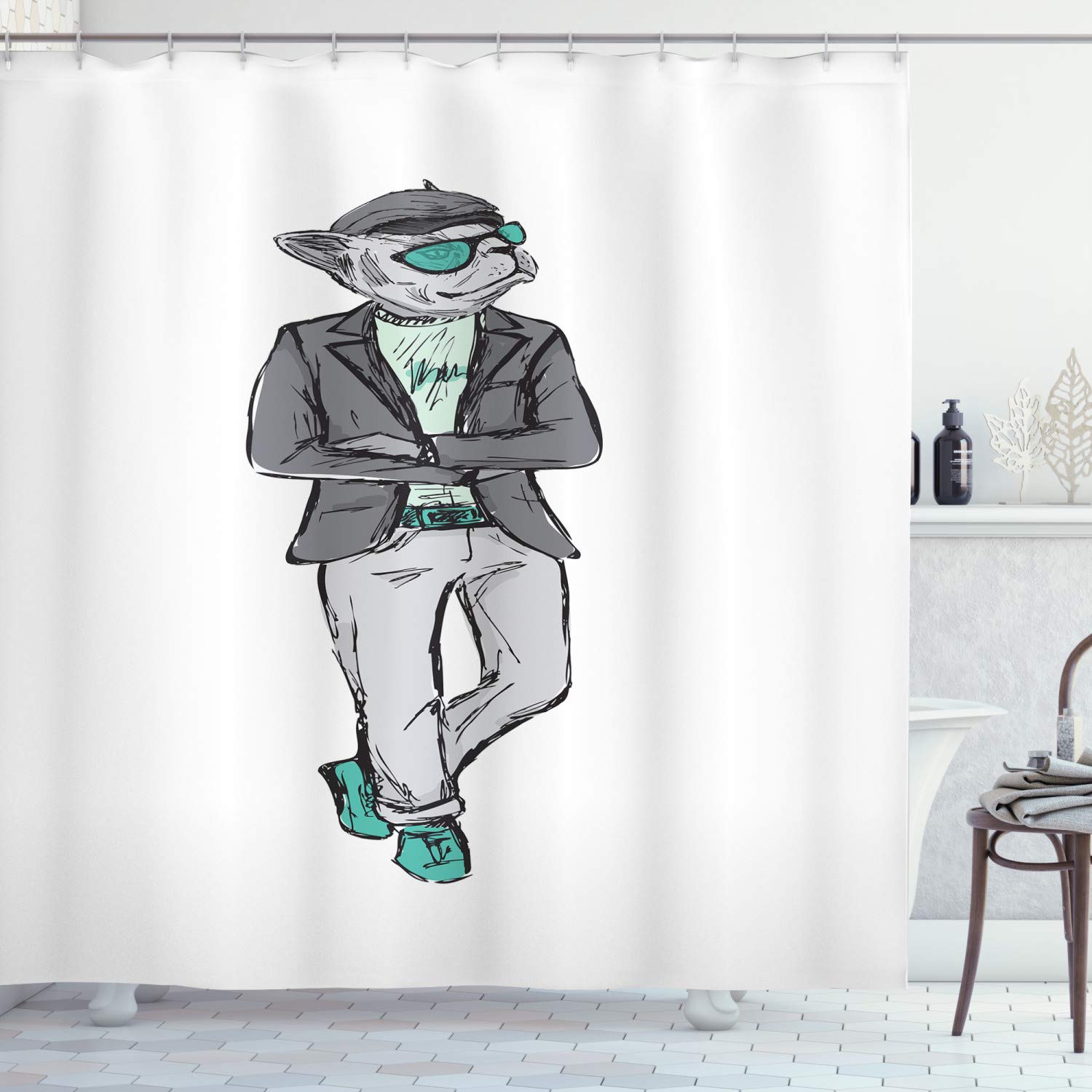 ABAKUHAUS Hipster Shower Curtain, Bulldog in Modern Bohemian Wearings and Sunglasses, Cloth Fabric Bathroom Decor Set with Hooks, 70 Inches, Grey Mint Green