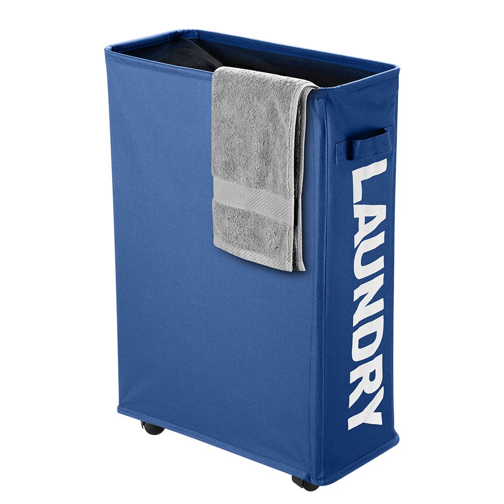 IHOMAGIC Slim Rolling Laundry Basket with wheel, Thin Laundry Basket Dirty Clothes Sorter Organizer Collapsible Storage Hamper Laundry Bin For Bedroom, Laundry Room, 15.3x 7.3x 22.8IN, 41L, Navy Blue