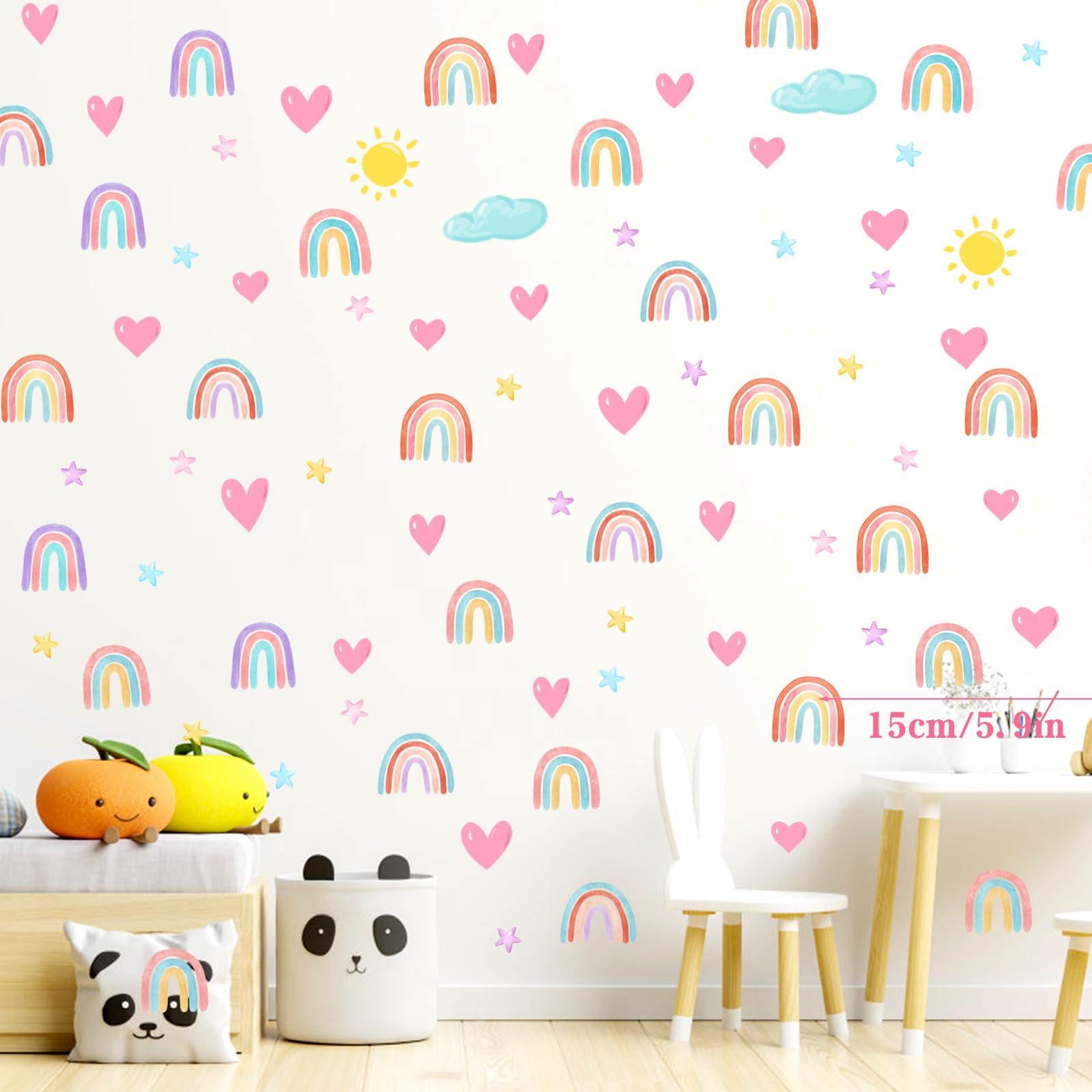 Rainbow Stars Wall Decals Heart Clouds Wall Decor Removable Stick and Peel Wall Stickers Boho DIY Wall Stickers for Girls Boys Baby Bedroom Nursery Room Kids Room Decoration（Used on Smooth Surfaces）