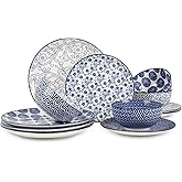 Selamica Ceramic Dinnerware Sets, 12-Pieces Plates and Bowls Sets, Scratch Resistant Dishes set for 4, Dishwasher & Microwave Safe,Vintage Blue